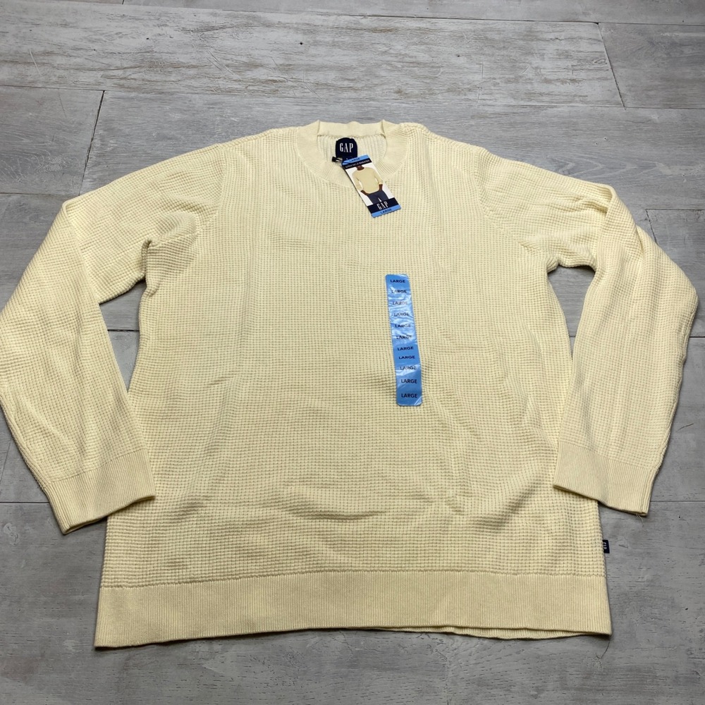 Gap Waffle Knit Crew Neck Sweater Mens Large Cream Ivory Long Sleeve Pullover